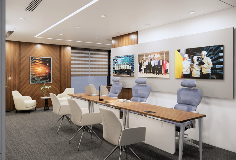 Modern meeting room with wooden accents and ergonomic seating