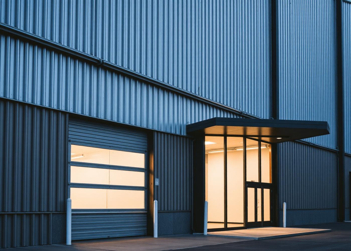 Warehouse facade with blue cladding