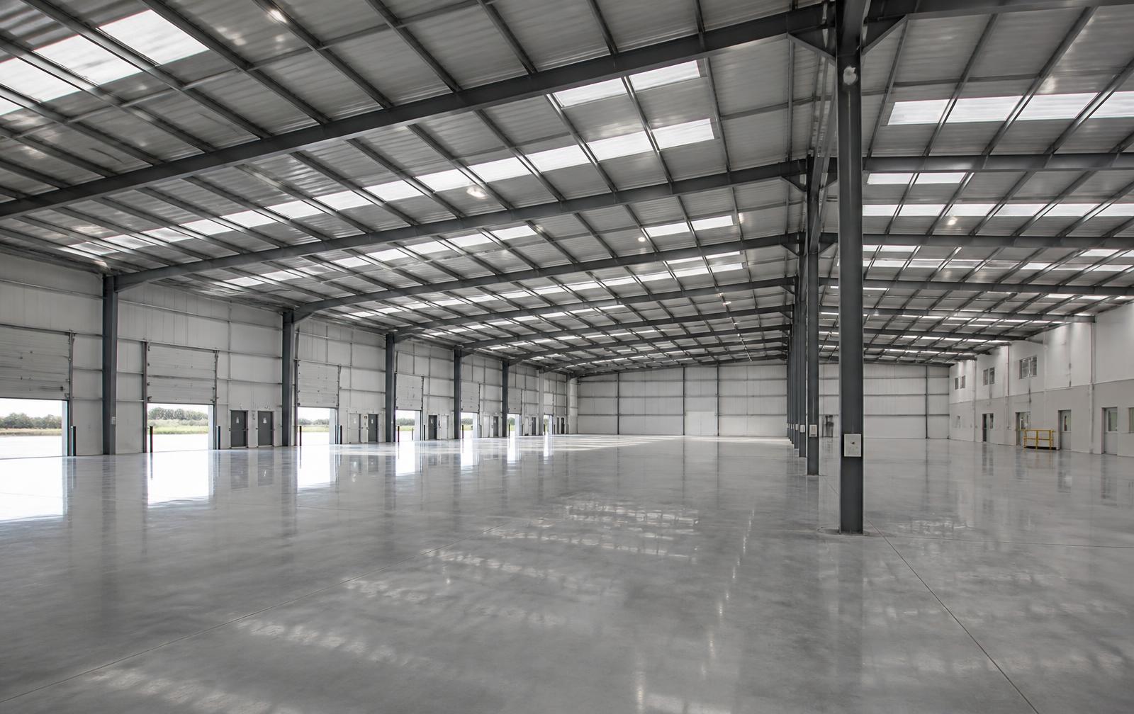 Modern warehouse interior with polished concrete floor